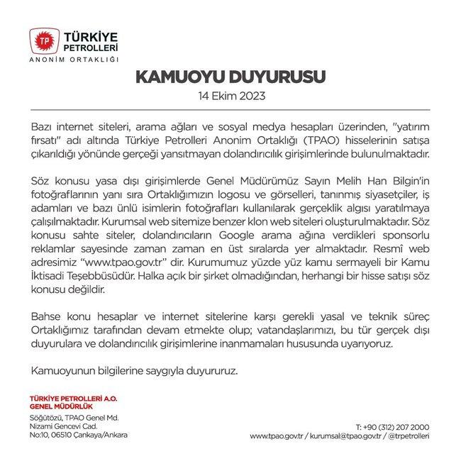 TPAO hisse senedi yatırımcılarını uyardı