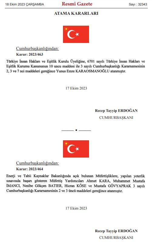 Cumhurbaşkanı Erdoğan'ın atama kararları Resmi Gazete'de