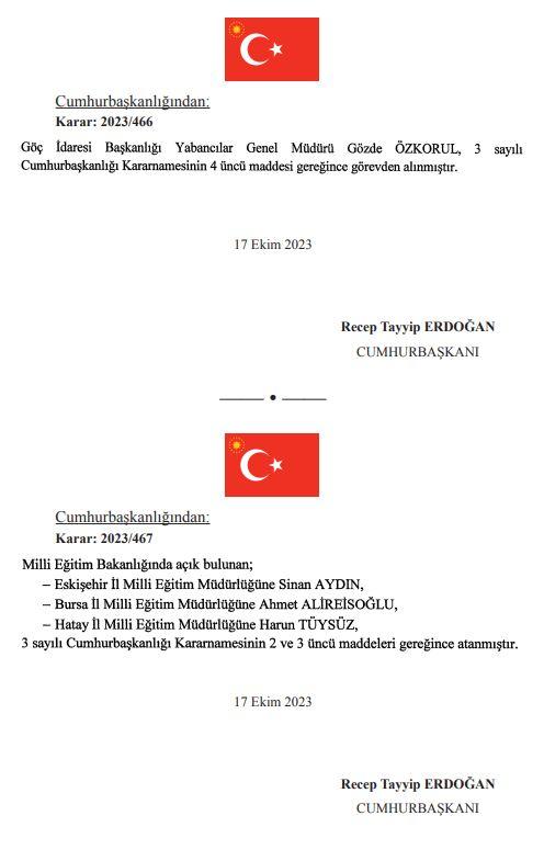 Cumhurbaşkanı Erdoğan'ın atama kararları Resmi Gazete'de