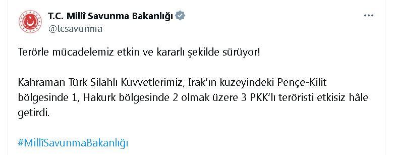 Irak'ın kuzeyinde 3 terörist etkisiz hale getirildi